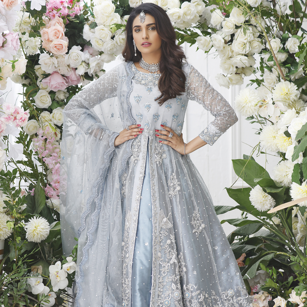 Wahajmkhan | Eden wedding Formals | ICE BLUE ANARKALI WITH FRILL LENGA - Official Wahaj M.Khan stockist in UK - Sakeena London