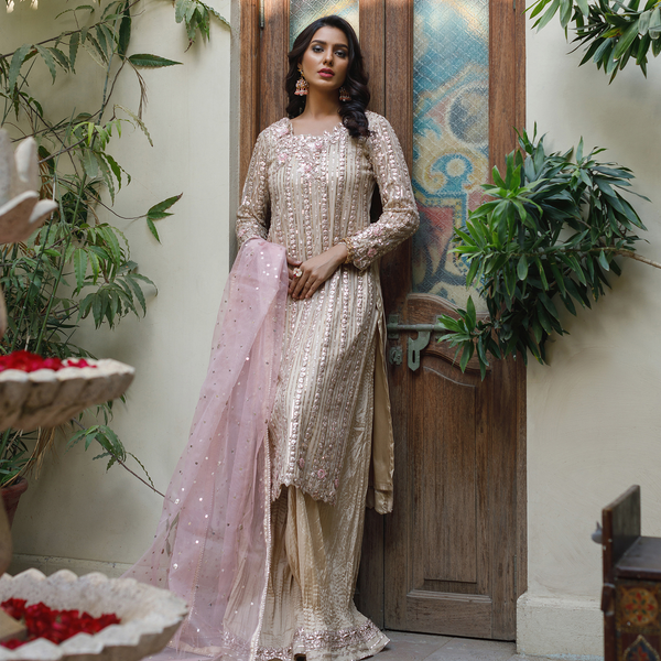 Wahajmkhan | Bahar Begum Formals | IVORY ROSE GOLD GOTTA JORA - Official Wahaj M.Khan stockist in UK - Sakeena London