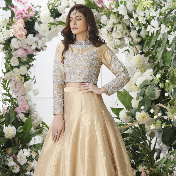 Wahajmkhan | Eden wedding Formals | ANTIQUE GOLD LENGA & CHOLI - Official Wahaj M.Khan stockist in UK - Sakeena London