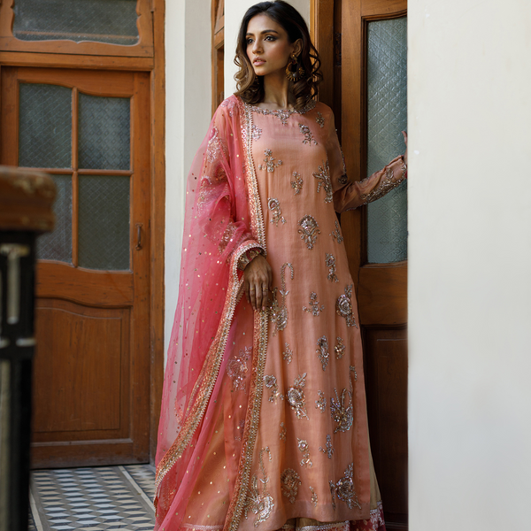 Wahajmkhan | Bahar Begum Formals | PEACH CORAL BAHAR OUTFIT - Official Wahaj M.Khan stockist in UK - Sakeena London