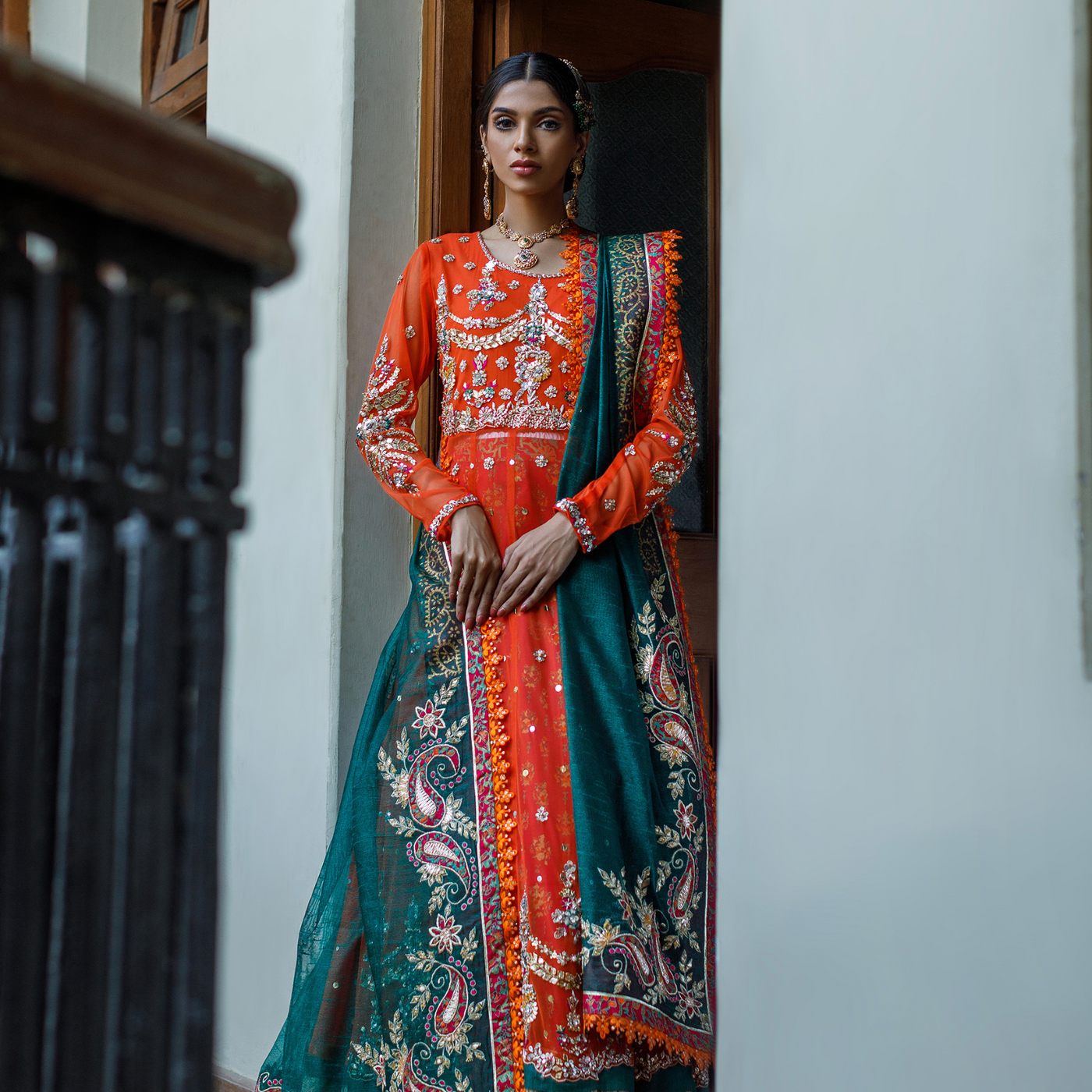 Wahajmkhan | Bahar Begum Formals | BURNT & EMERALD SHAWL ANARKALI - Official Wahaj M.Khan stockist in UK - Sakeena London