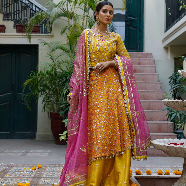 Wahajmkhan | Bahar Begum Formals | MUSTARD LAYERED LEHNGA CHOLI - Official Wahaj M.Khan stockist in UK - Sakeena London
