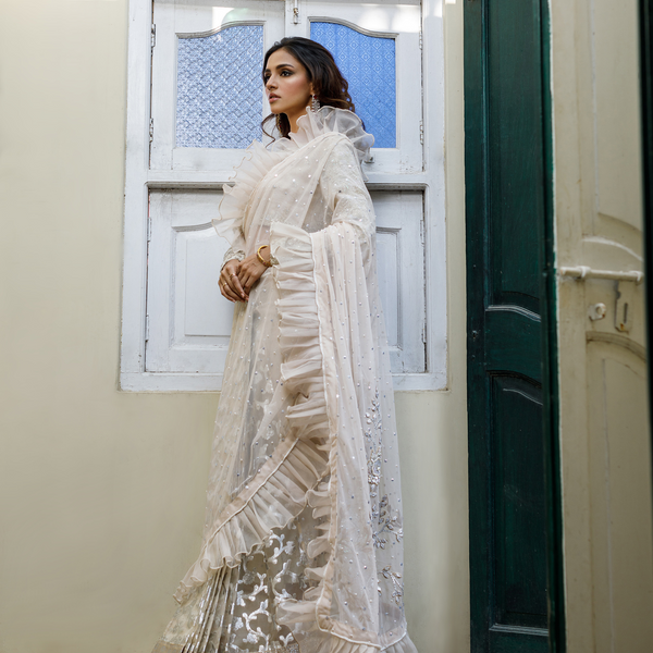 Wahajmkhan | Bahar Begum Formals | IVORY SARI PANTS - Official Wahaj M.Khan stockist in UK - Sakeena London
