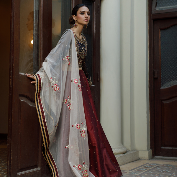 Wahajmkhan | Bahar Begum Formals | BLACK & MAROON BEGUM LEHNGA - Official Wahaj M.Khan stockist in UK - Sakeena London
