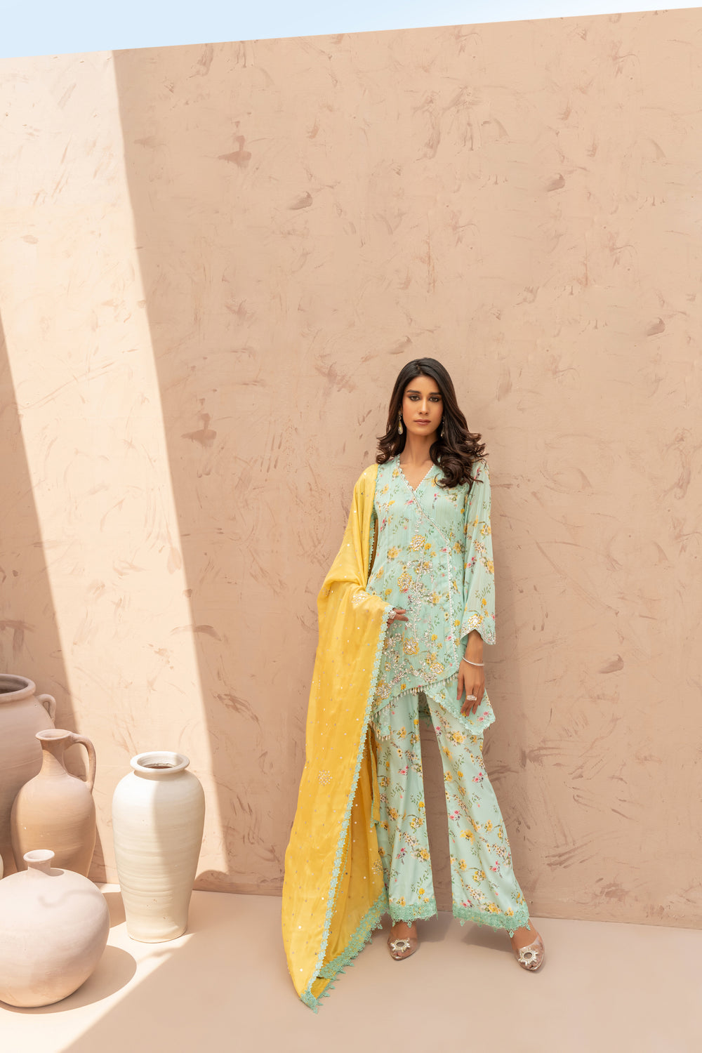 Wahaj M Khan | The Print Story | Ferozi Yellow TPS Peplum - Official Wahaj M Khan stockist in UK - Sakeena London