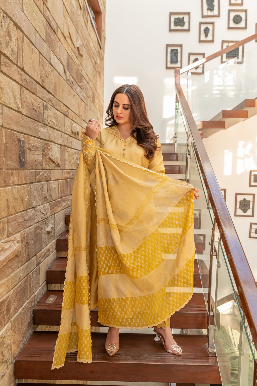 Wahaj M Khan | The Print Story | Yellow Shaded Sheesha Outfit - Official Wahaj M Khan stockist in UK - Sakeena London