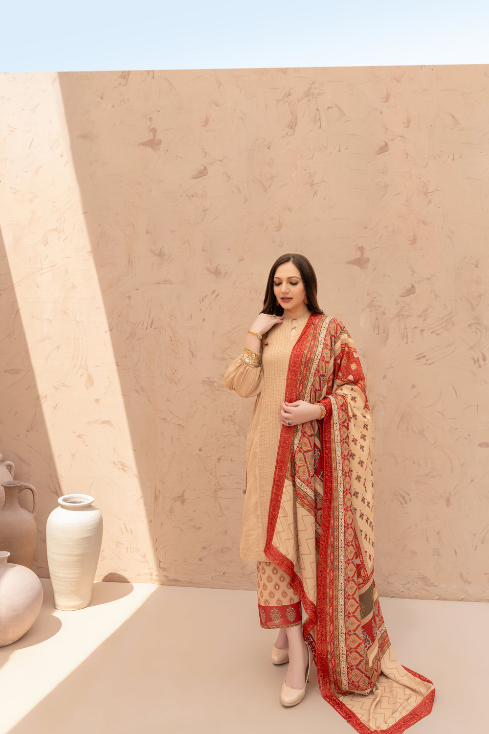 Wahaj M Khan | The Print Story | Ivory Maroon TPS - Official Wahaj M Khan stockist in UK - Sakeena London