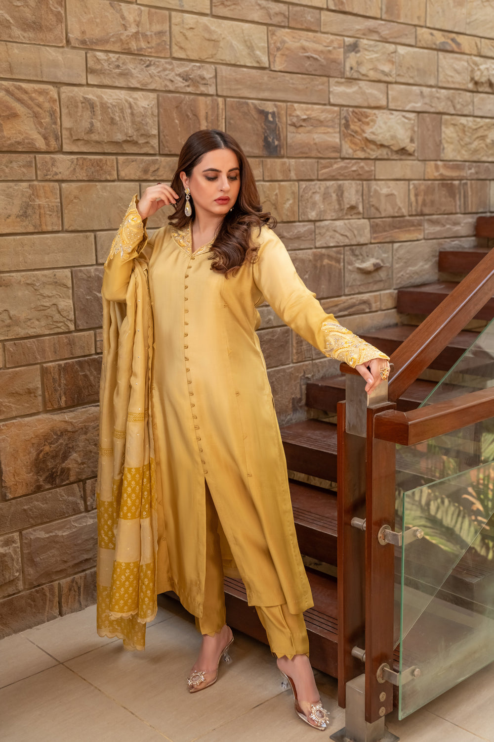 Wahaj M Khan | The Print Story | Yellow Shaded Sheesha Outfit - Official Wahaj M Khan stockist in UK - Sakeena London