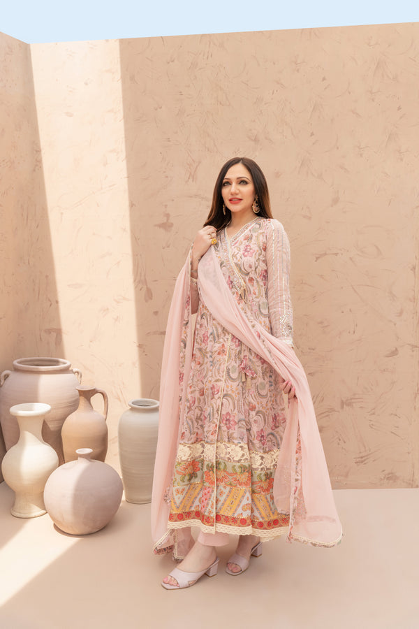Wahaj M Khan | The Print Story | Pink Peach TPS Angarkha - Official Wahaj M Khan stockist in UK - Sakeena London