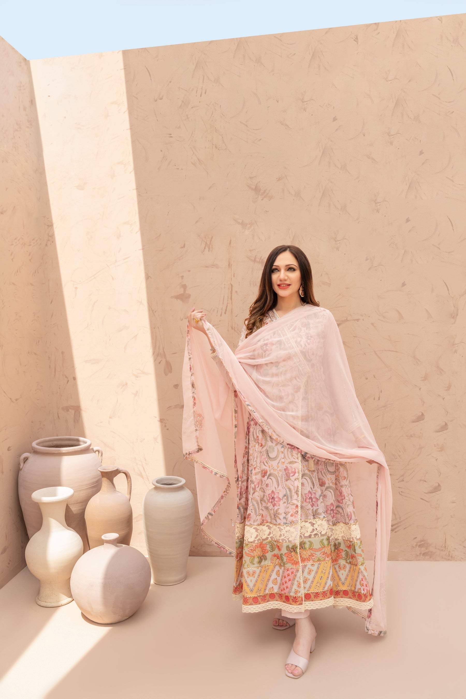 Wahaj M Khan | The Print Story | Pink Peach TPS Angarkha - Official Wahaj M Khan stockist in UK - Sakeena London