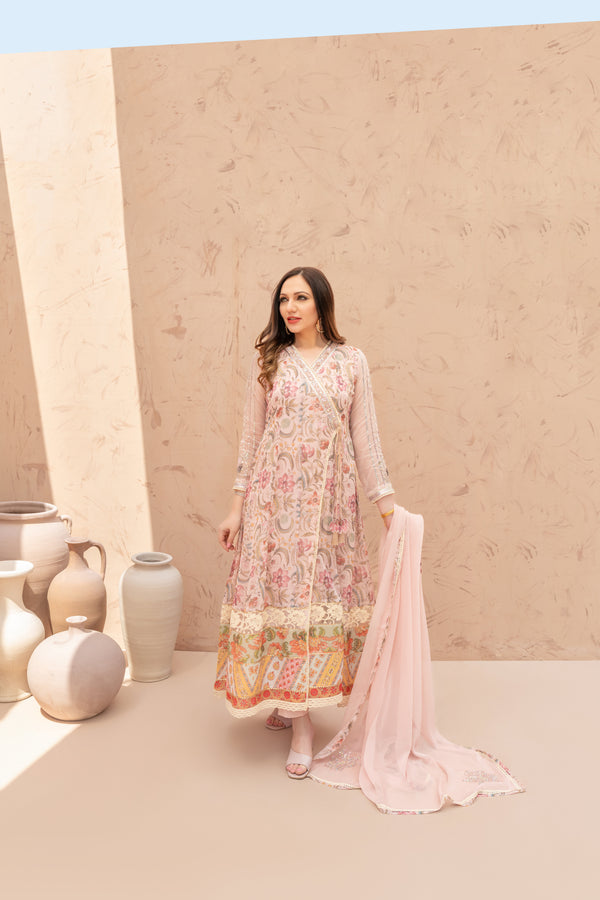 Wahaj M Khan | The Print Story | Pink Peach TPS Angarkha - Official Wahaj M Khan stockist in UK - Sakeena London