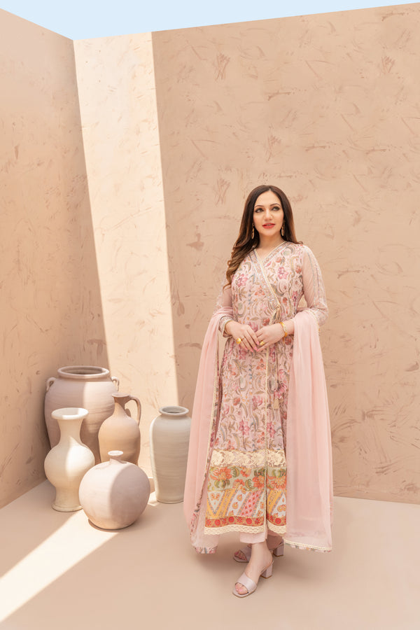 Wahaj M Khan | The Print Story | Pink Peach TPS Angarkha - Official Wahaj M Khan stockist in UK - Sakeena London