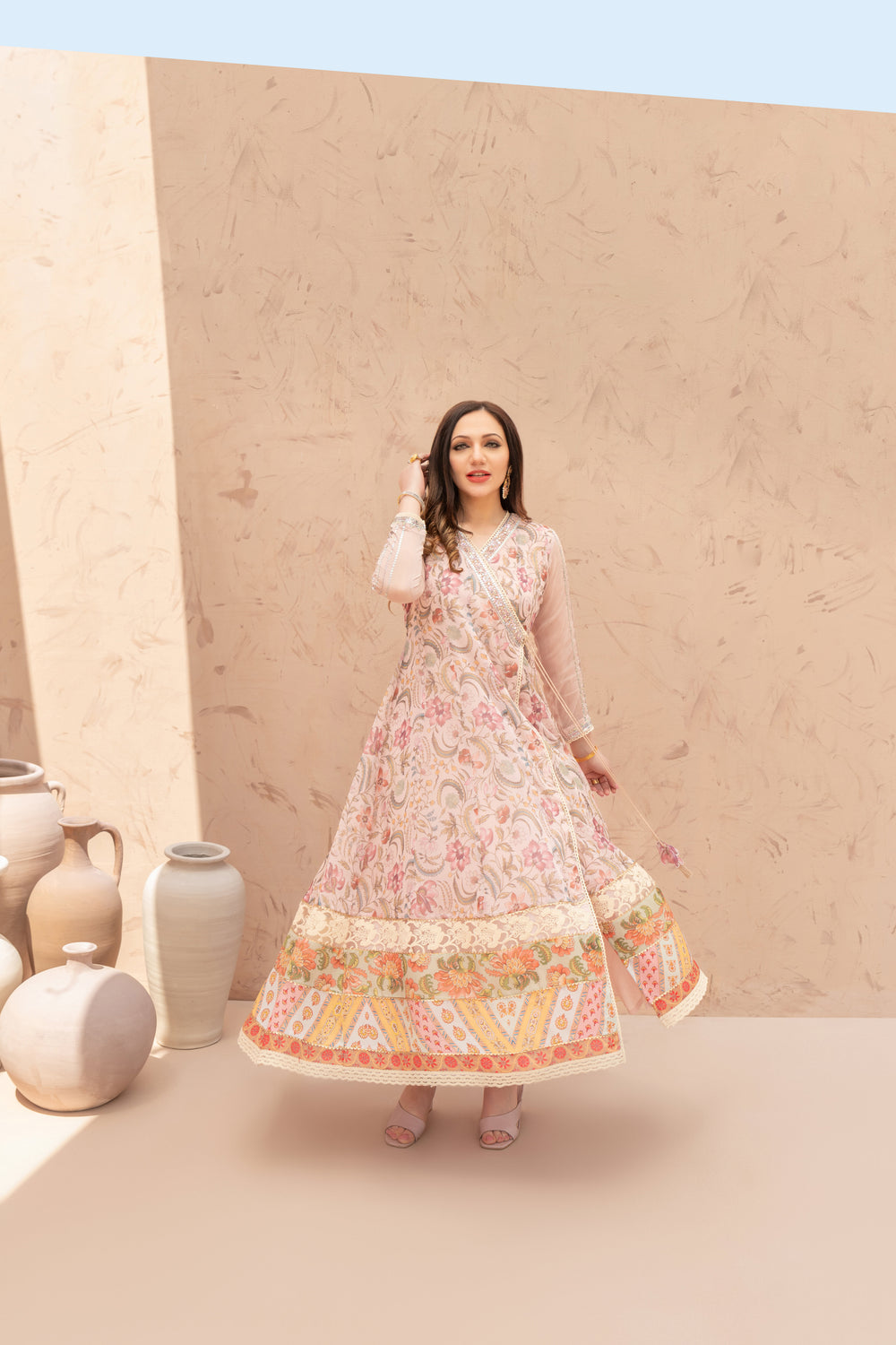 Wahaj M Khan | The Print Story | Pink Peach TPS Angarkha - Official Wahaj M Khan stockist in UK - Sakeena London