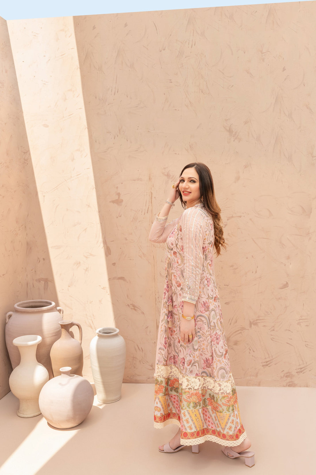 Wahaj M Khan | The Print Story | Pink Peach TPS Angarkha - Official Wahaj M Khan stockist in UK - Sakeena London