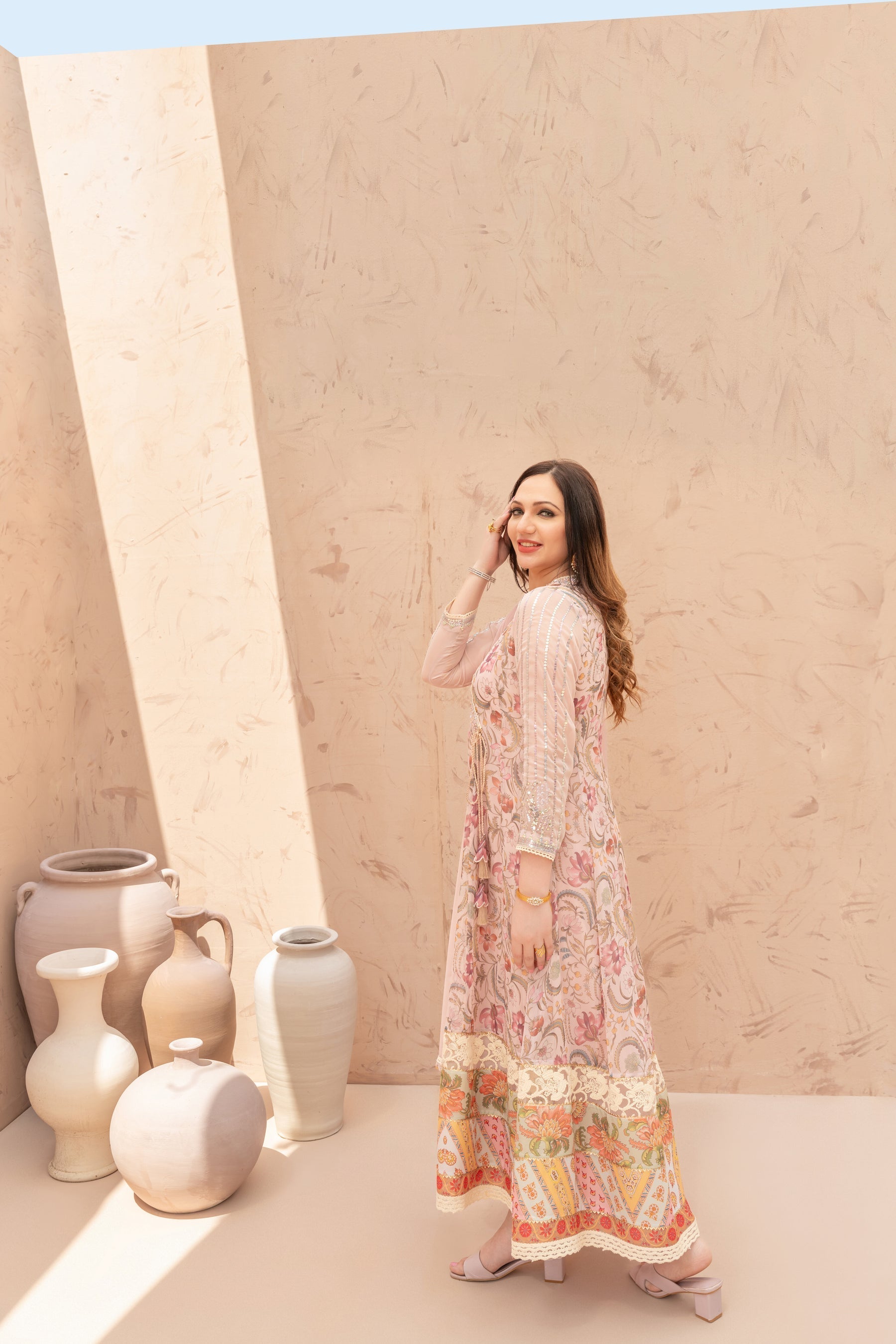 Wahaj M Khan | The Print Story | Pink Peach TPS Angarkha - Official Wahaj M Khan stockist in UK - Sakeena London