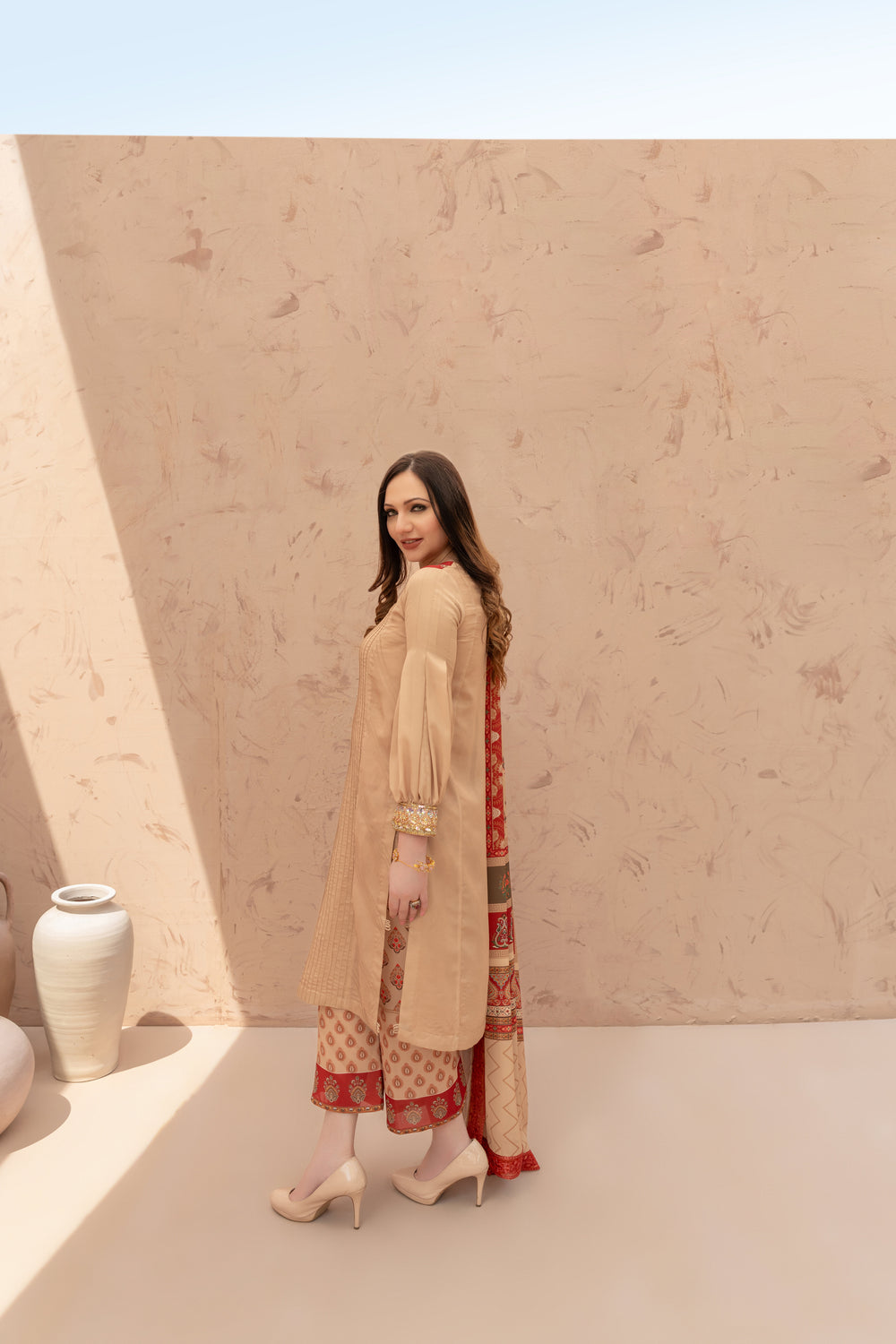 Wahaj M Khan | The Print Story | Ivory Maroon TPS - Official Wahaj M Khan stockist in UK - Sakeena London