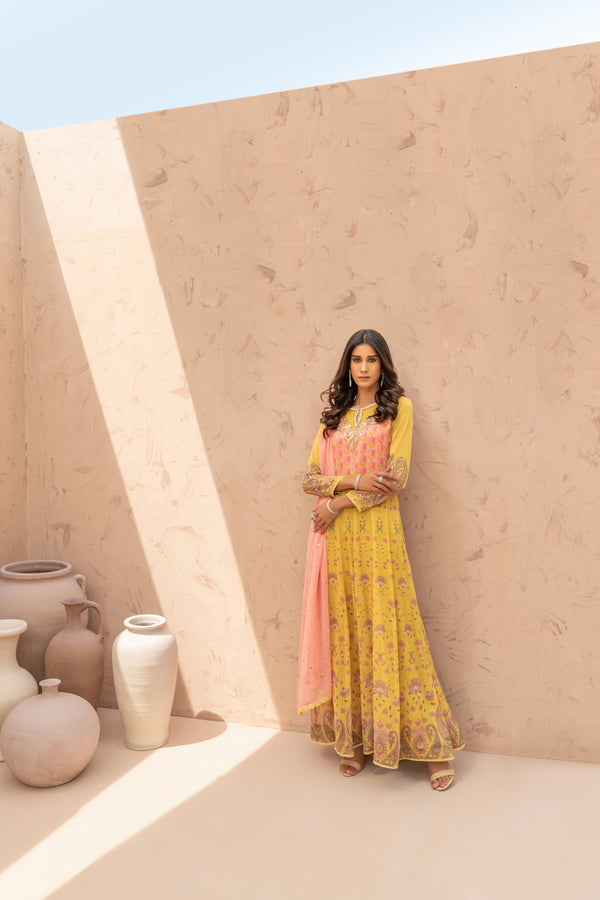 Wahaj M Khan | The Print Story | Yellow Printed TPS Anarkali - Official Wahaj M Khan stockist in UK - Sakeena London
