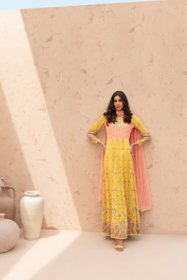 Wahaj M Khan | The Print Story | Yellow Printed TPS Anarkali - Official Wahaj M Khan stockist in UK - Sakeena London