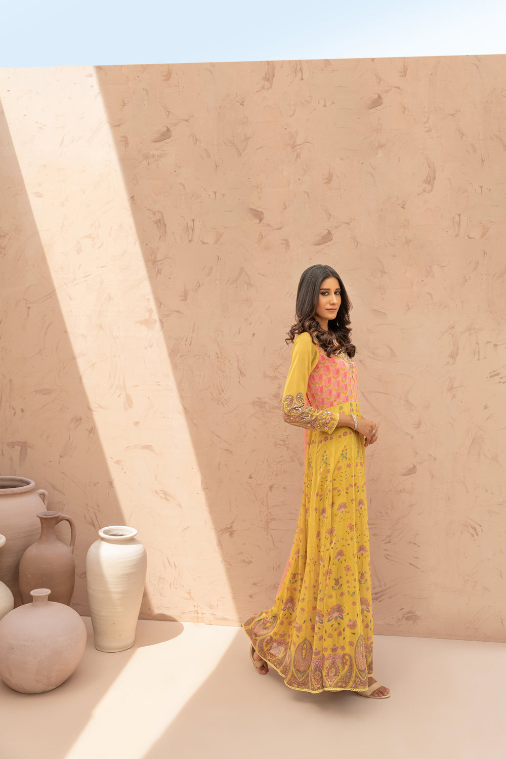 Wahaj M Khan | The Print Story | Yellow Printed TPS Anarkali - Official Wahaj M Khan stockist in UK - Sakeena London