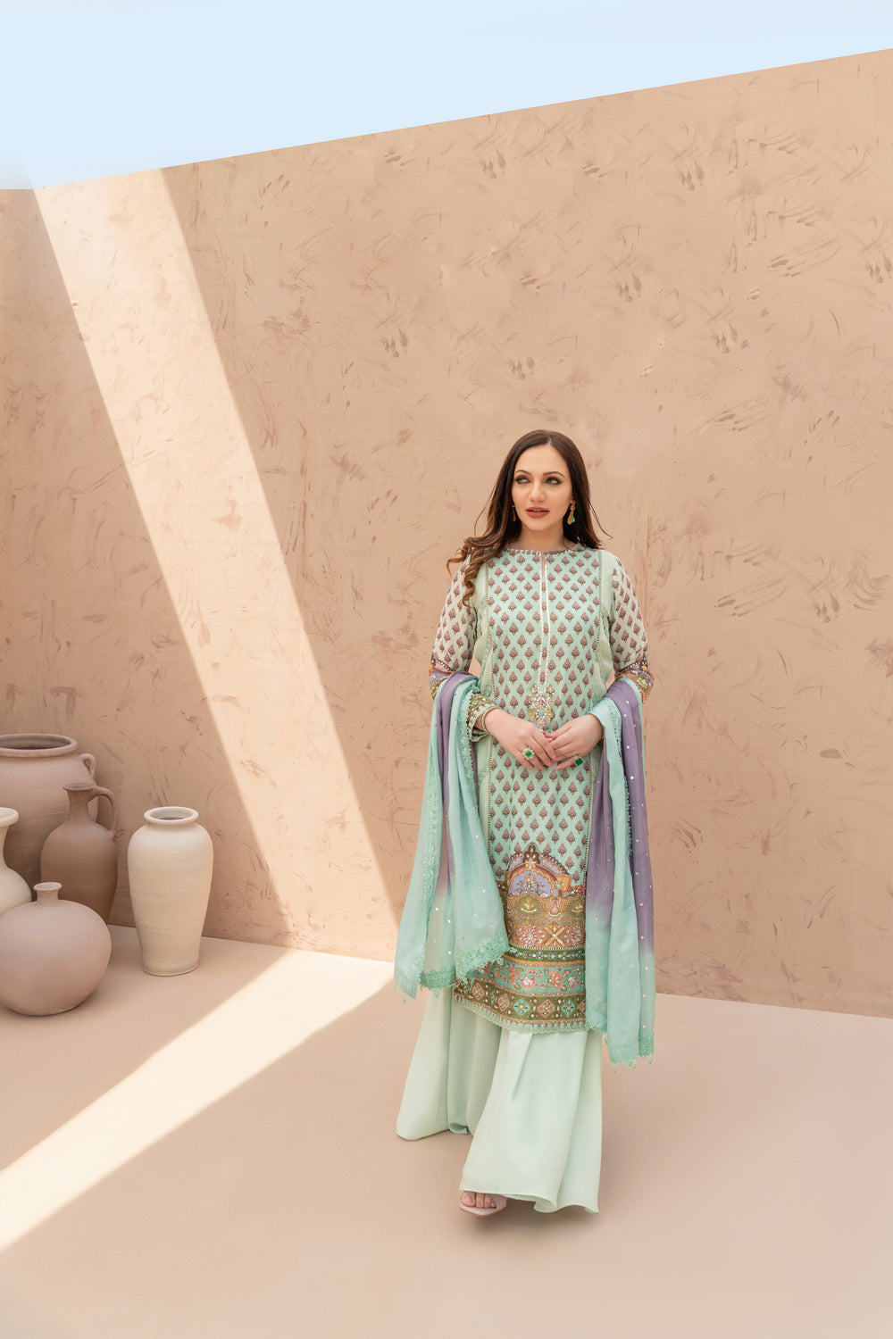 Wahaj M Khan | The Print Story | Sea Green TPS Outfit - Official Wahaj M Khan stockist in UK - Sakeena London