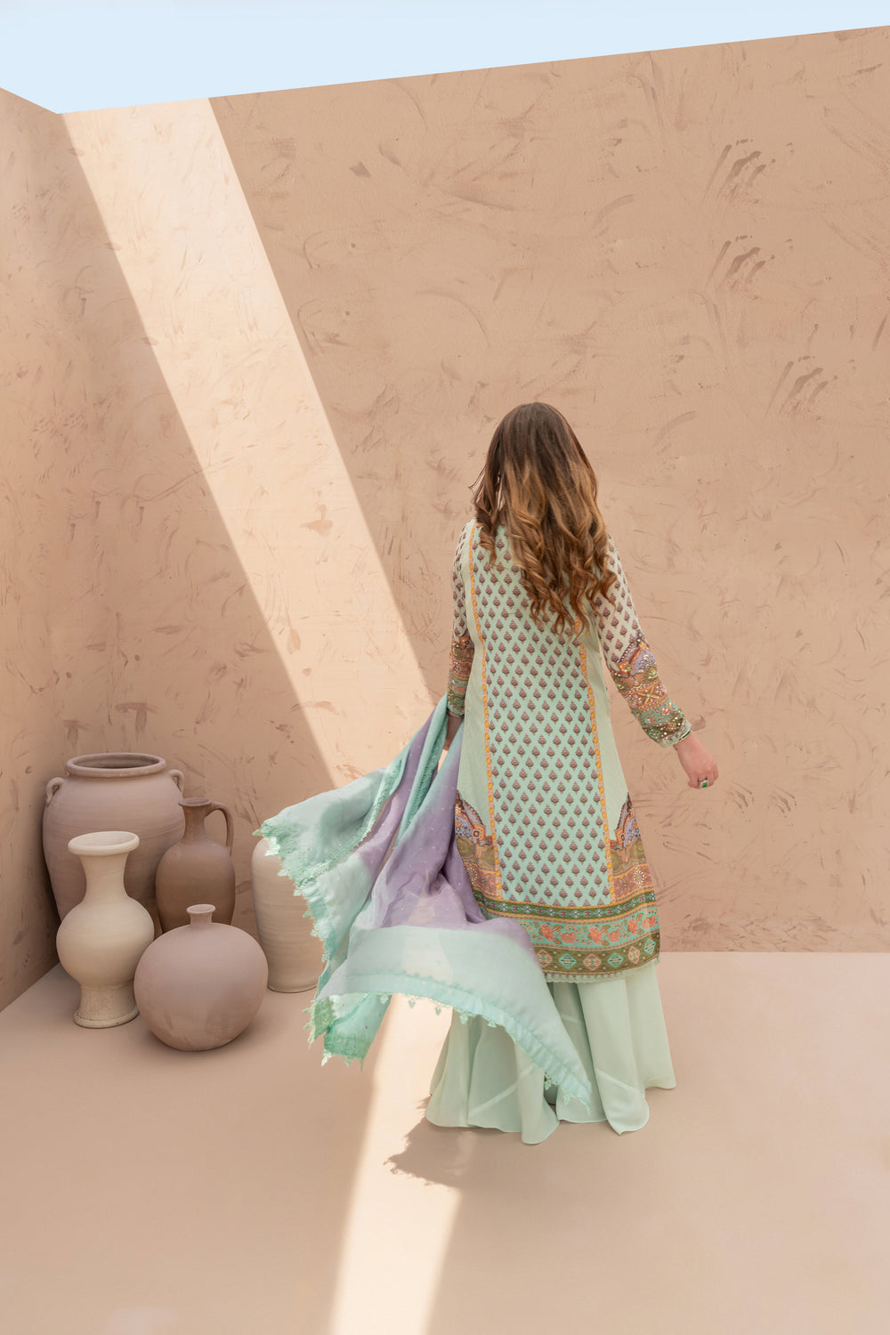 Wahaj M Khan | The Print Story | Sea Green TPS Outfit - Official Wahaj M Khan stockist in UK - Sakeena London