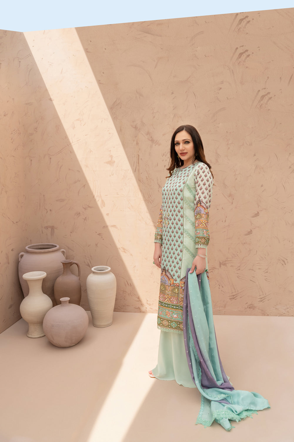Wahaj M Khan | The Print Story | Sea Green TPS Outfit - Official Wahaj M Khan stockist in UK - Sakeena London