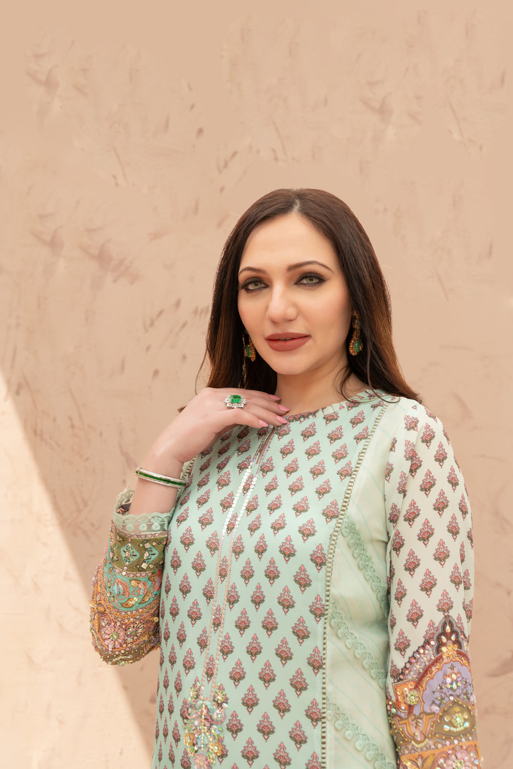 Wahaj M Khan | The Print Story | Sea Green TPS Outfit - Official Wahaj M Khan stockist in UK - Sakeena London