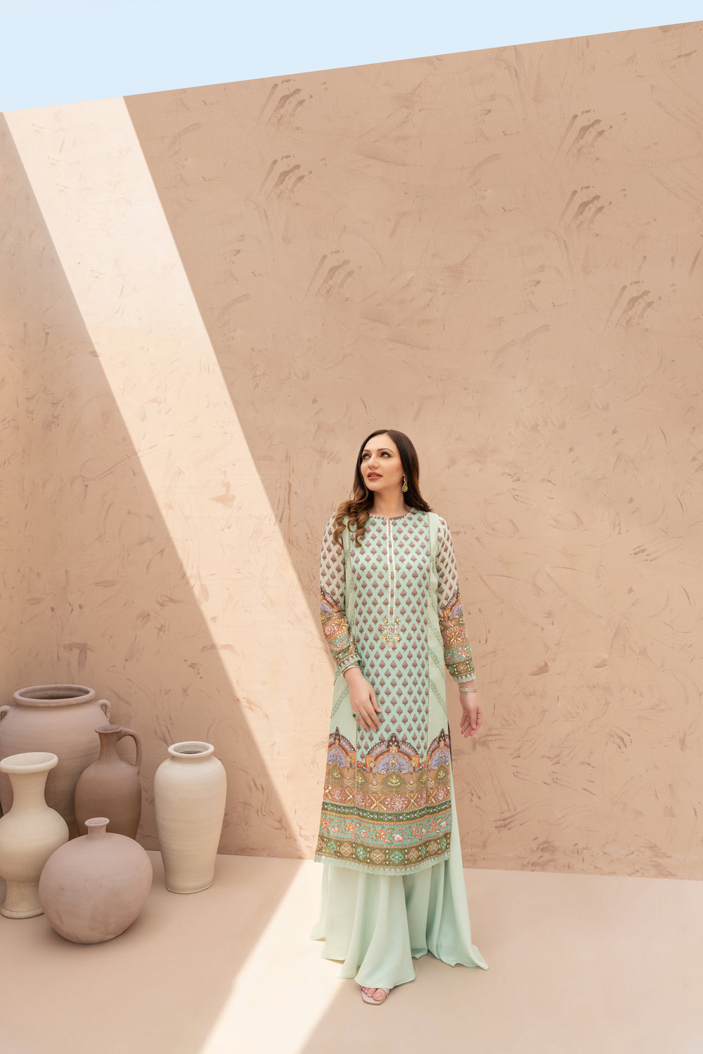 Wahaj M Khan | The Print Story | Sea Green TPS Outfit - Official Wahaj M Khan stockist in UK - Sakeena London
