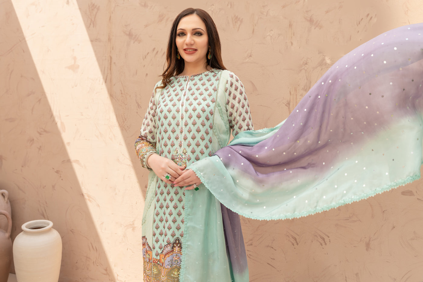 Wahaj M Khan | The Print Story | Sea Green TPS Outfit - Official Wahaj M Khan stockist in UK - Sakeena London
