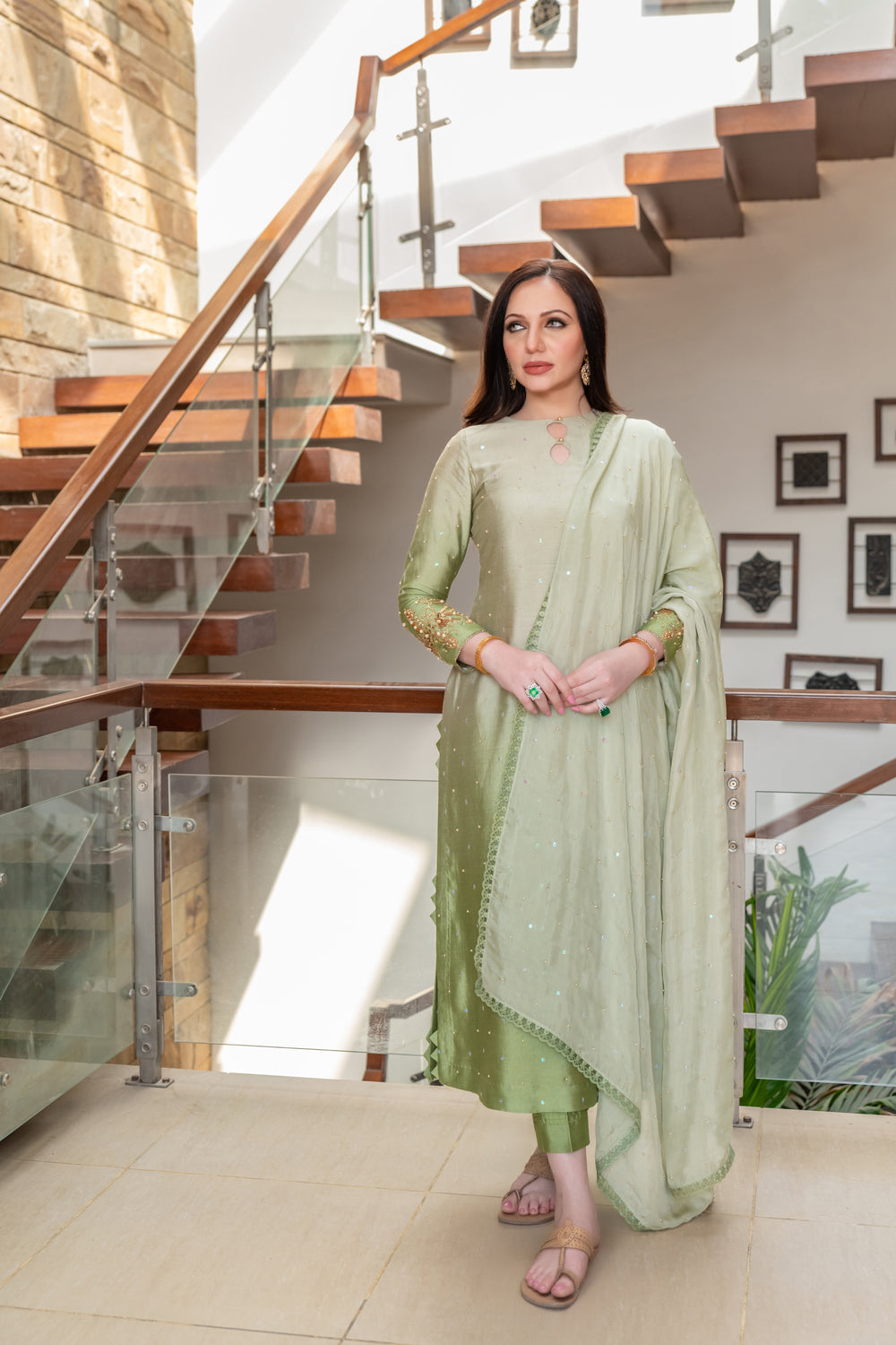 Wahaj M Khan | The Print Story | Sage Green Shaded Outfit - Official Wahaj M Khan stockist in UK - Sakeena London
