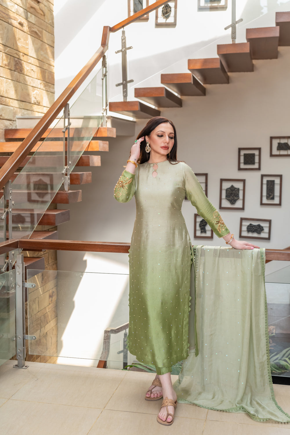 Wahaj M Khan | The Print Story | Sage Green Shaded Outfit - Official Wahaj M Khan stockist in UK - Sakeena London