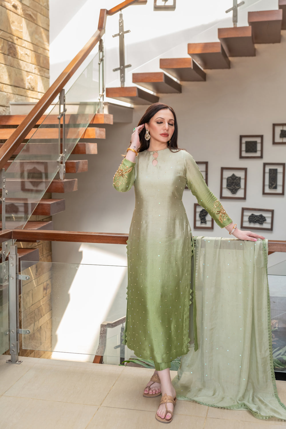 Wahaj M Khan | The Print Story | Sage Green Shaded Outfit - Official Wahaj M Khan stockist in UK - Sakeena London