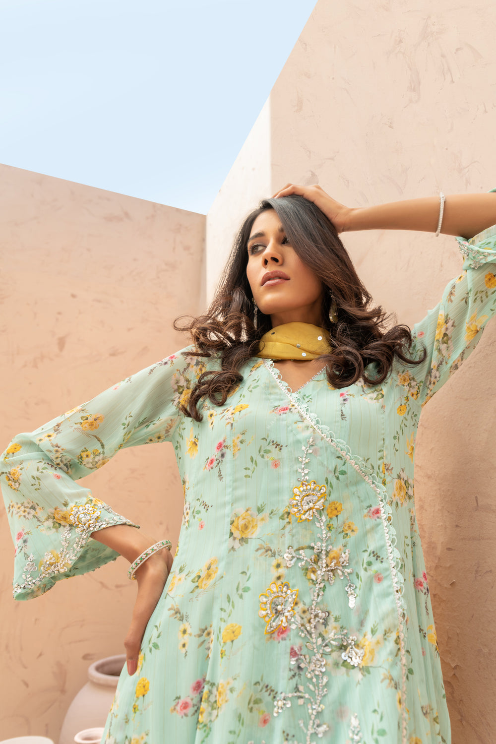 Wahaj M Khan | The Print Story | Ferozi Yellow TPS Peplum - Official Wahaj M Khan stockist in UK - Sakeena London