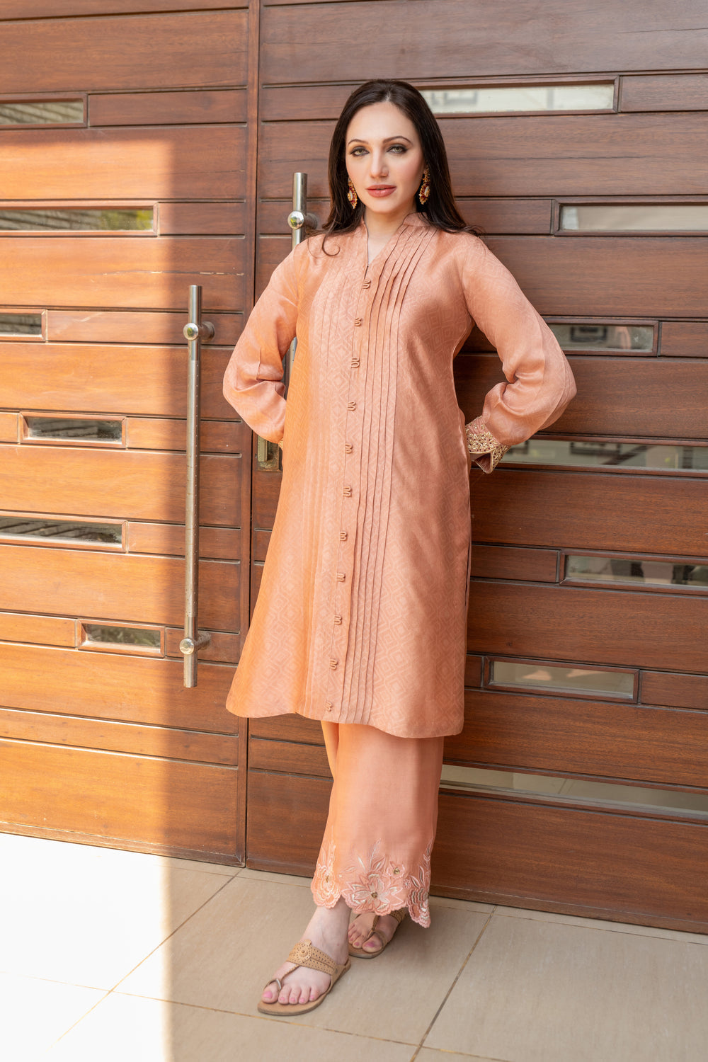 Wahaj M Khan | The Print Story | Salmon Peach Sheesha Outfit - Official Wahaj M Khan stockist in UK - Sakeena London