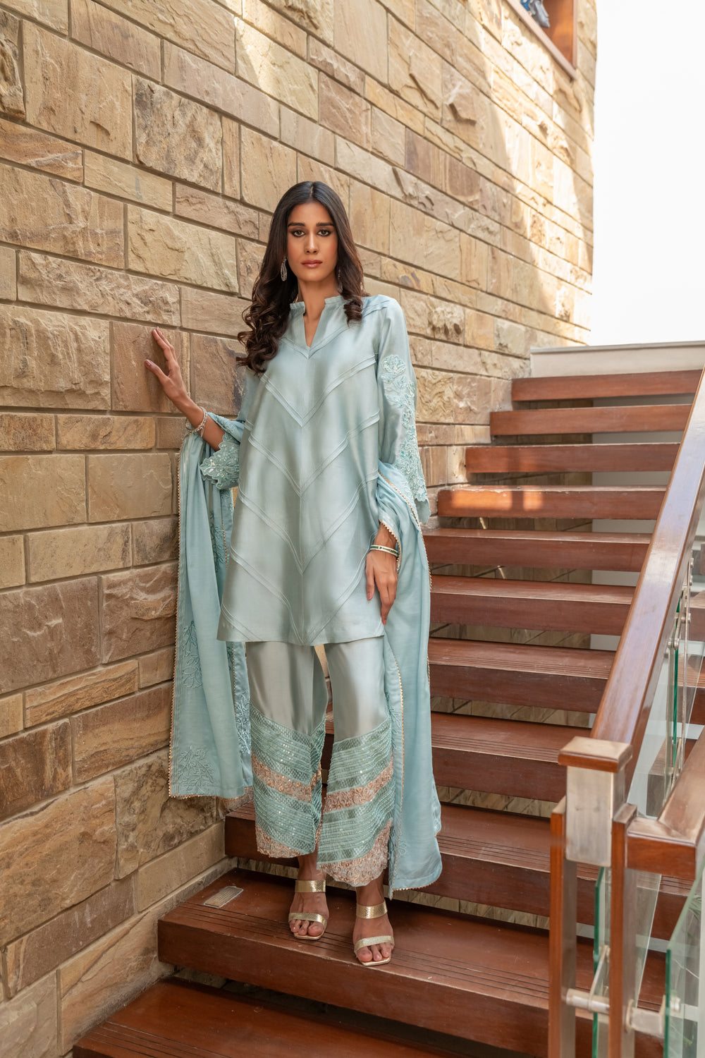 Wahaj M Khan | The Print Story | Grey Blue Sheesha Outfit - Official Wahaj M Khan stockist in UK - Sakeena London