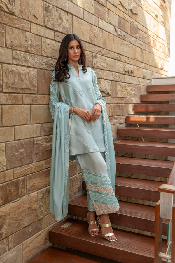 Wahaj M Khan | The Print Story | Grey Blue Sheesha Outfit - Official Wahaj M Khan stockist in UK - Sakeena London