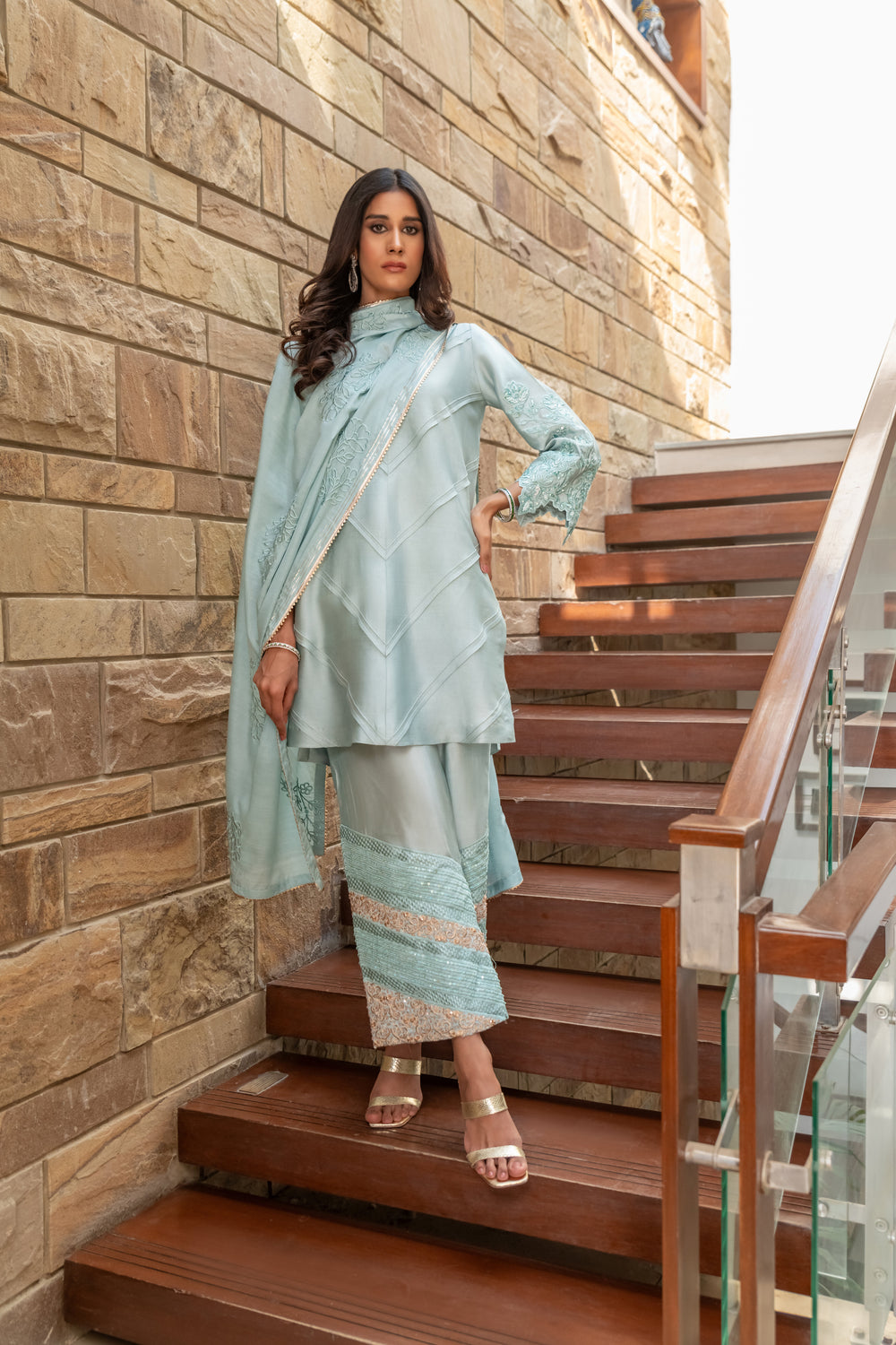 Wahaj M Khan | The Print Story | Grey Blue Sheesha Outfit - Official Wahaj M Khan stockist in UK - Sakeena London