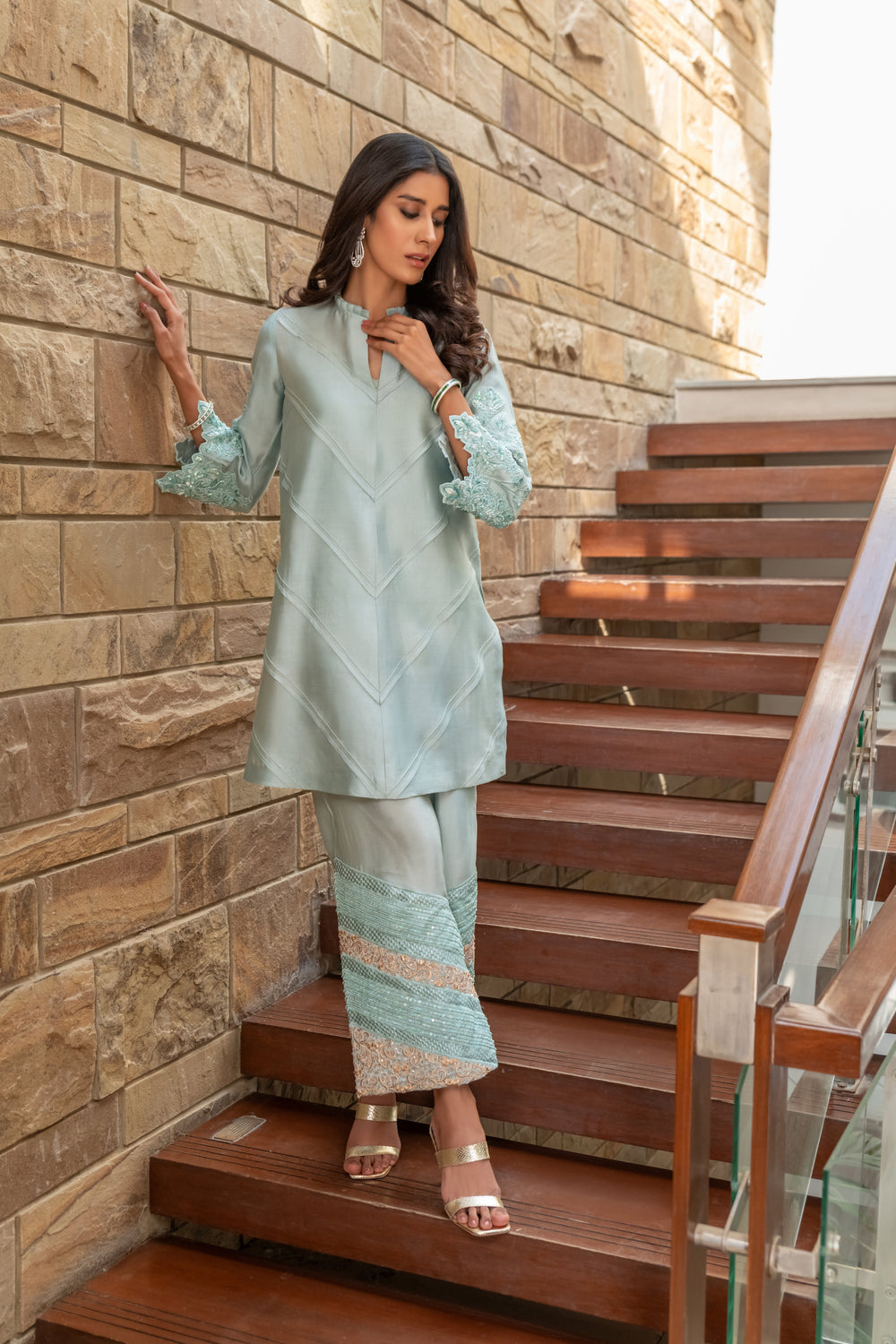 Wahaj M Khan | The Print Story | Grey Blue Sheesha Outfit - Official Wahaj M Khan stockist in UK - Sakeena London