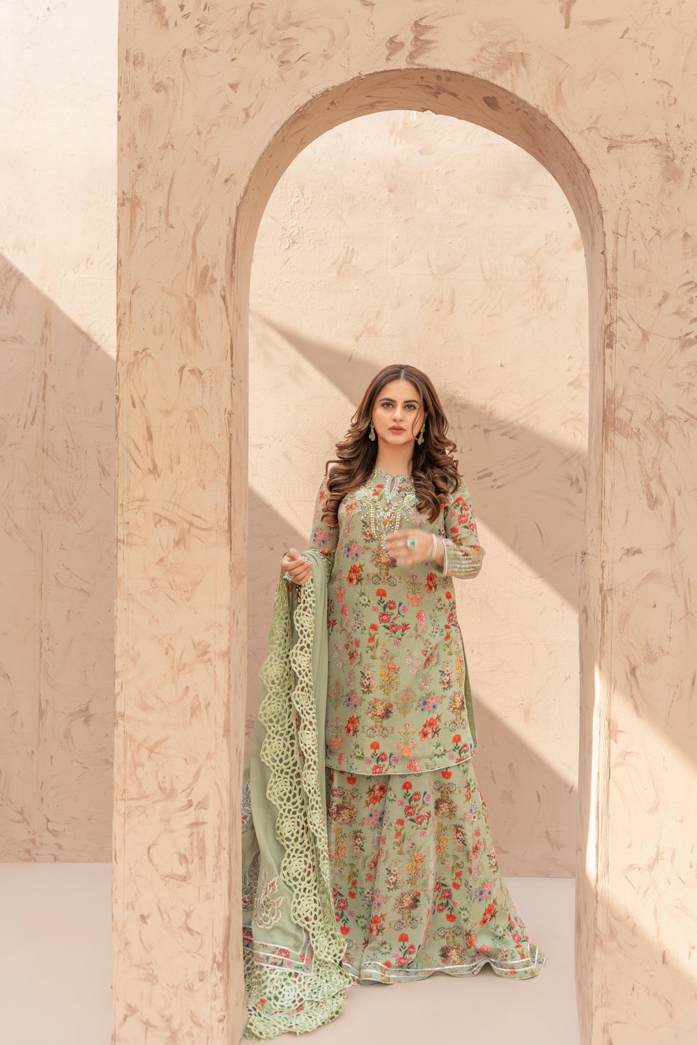 Wahaj M Khan | The Print Story | Sage Green TPS Outfit - Official Wahaj M Khan stockist in UK - Sakeena London