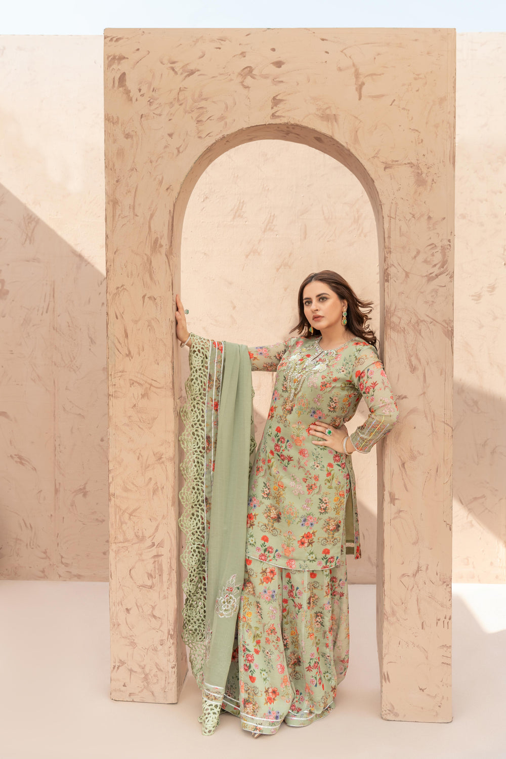 Wahaj M Khan | The Print Story | Sage Green TPS Outfit - Official Wahaj M Khan stockist in UK - Sakeena London