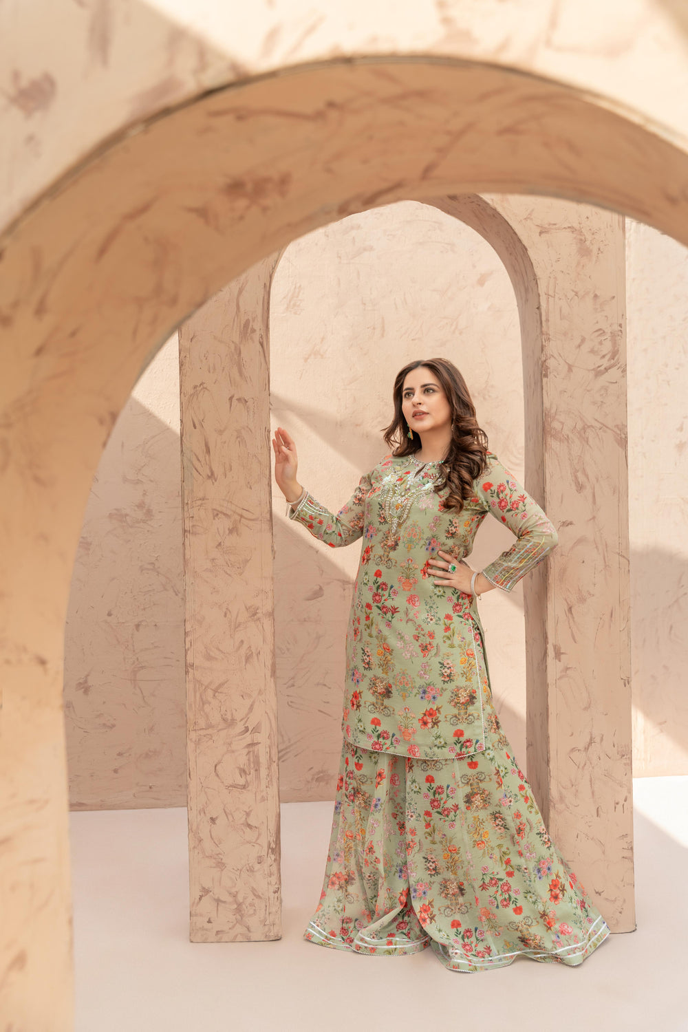 Wahaj M Khan | The Print Story | Sage Green TPS Outfit - Official Wahaj M Khan stockist in UK - Sakeena London