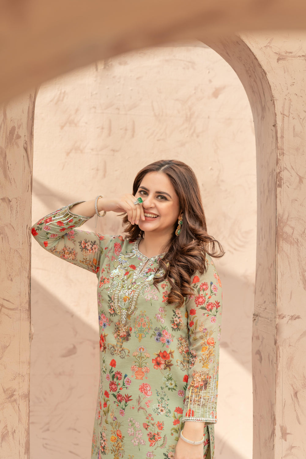 Wahaj M Khan | The Print Story | Sage Green TPS Outfit - Official Wahaj M Khan stockist in UK - Sakeena London