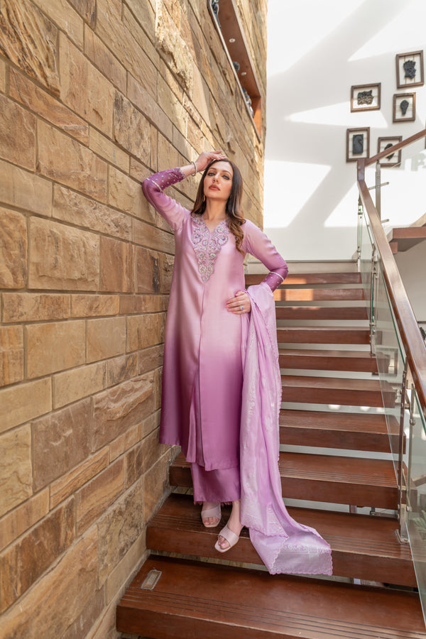 Wahaj M Khan | The Print Story | Purple Shaded Sheesha Outfit - Official Wahaj M Khan stockist in UK - Sakeena London