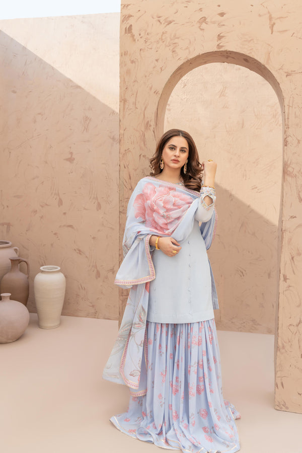 Wahaj M Khan | The Print Story | Iceblue TPS Gharara - Official Wahaj M Khan stockist in UK - Sakeena London