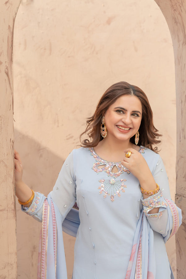 Wahaj M Khan | The Print Story | Iceblue TPS Gharara - Official Wahaj M Khan stockist in UK - Sakeena London