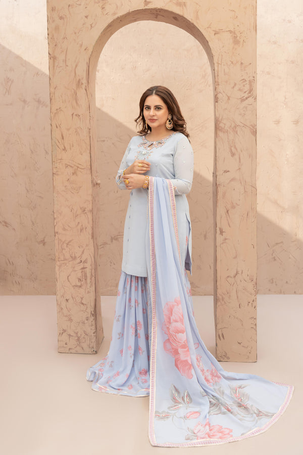 Wahaj M Khan | The Print Story | Iceblue TPS Gharara - Official Wahaj M Khan stockist in UK - Sakeena London