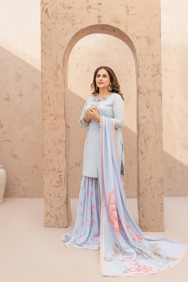 Wahaj M Khan | The Print Story | Iceblue TPS Gharara - Official Wahaj M Khan stockist in UK - Sakeena London