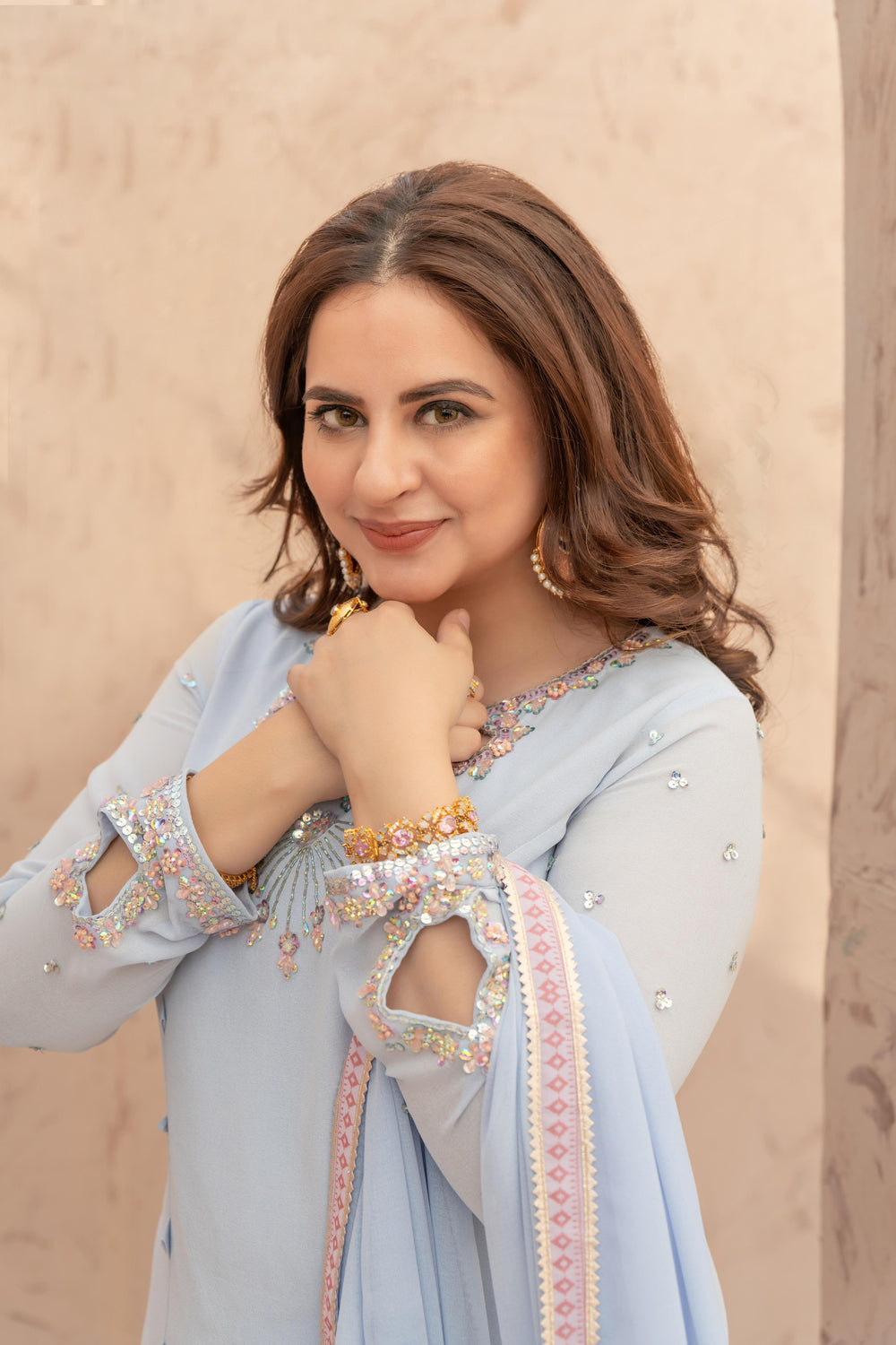 Wahaj M Khan | The Print Story | Iceblue TPS Gharara - Official Wahaj M Khan stockist in UK - Sakeena London