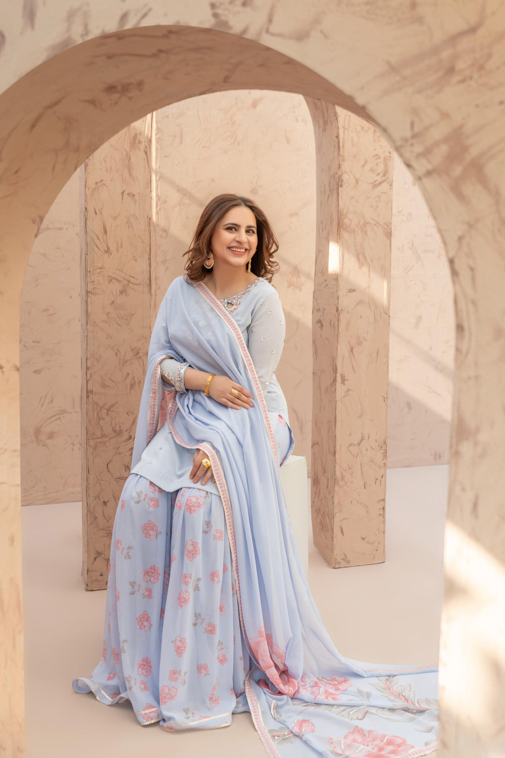 Wahaj M Khan | The Print Story | Iceblue TPS Gharara - Official Wahaj M Khan stockist in UK - Sakeena London