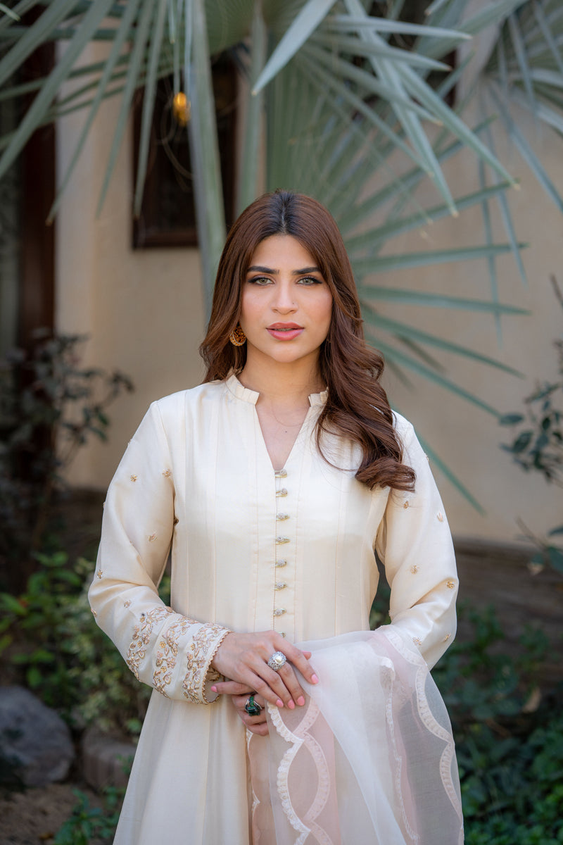 Wahaj M Khan | Pari Collection | Ivory Rawsilk Anarkali - Official Wahaj M Khan stockist in UK - Sakeena London